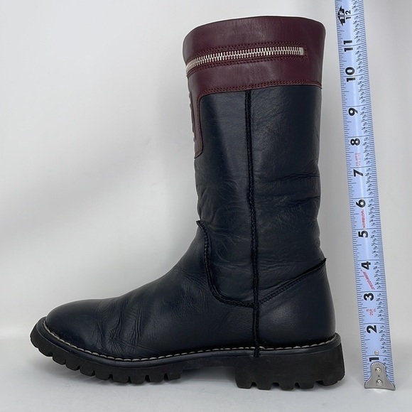 CHANEL BOOTS Black Leather Moto Engineer Italy Interlocking C Burgundy Zip 39.5 - Picture 13 of 16